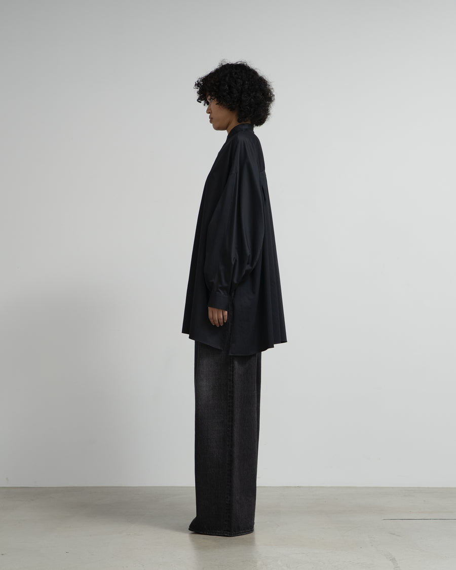 Silicon Poplin Deep Slit Band Collar Shirt