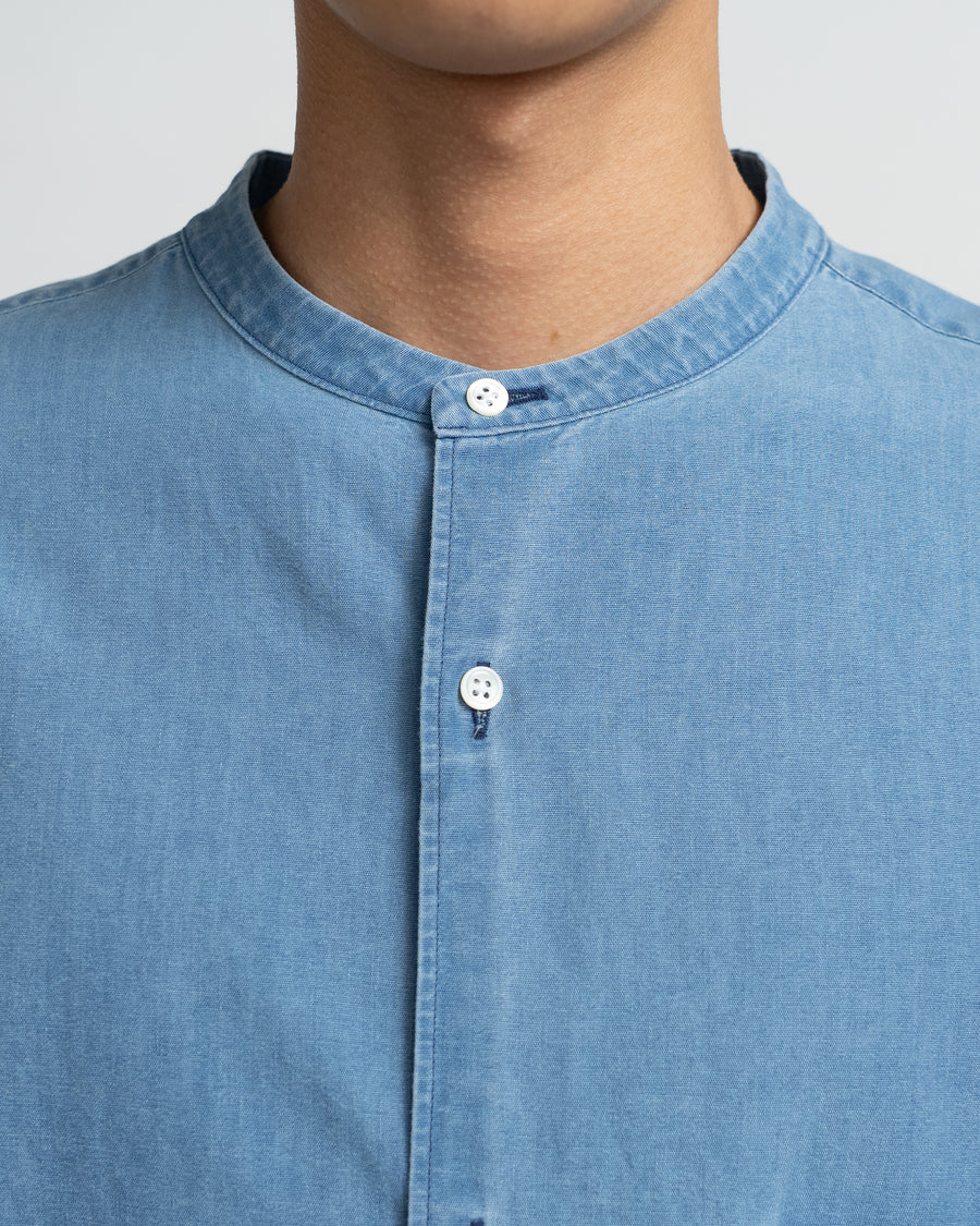 SIDOGRAS Indigo Poplin L/S Oversized Band Collar Shirt